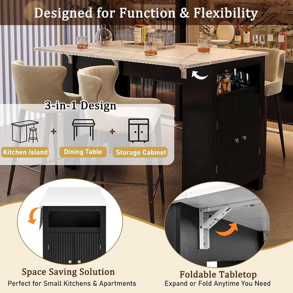 3-in-1 Dining Table with Foldable Tabletop & Marble Grain Top, Black+Waln...