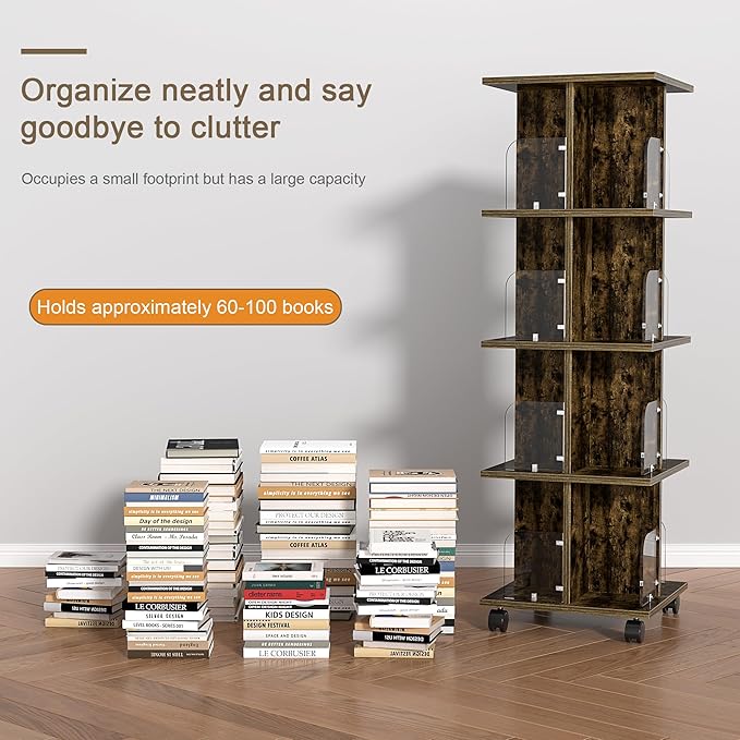 VECELO 4-Tier Rotating Bookshelf, Modern Swivel Bookcase, Vintage Book Shelf for 360° Display, Stackable Shelves Floor-Standing Storage for Home Office, Solid Wood, Smooth Spinning, Brown