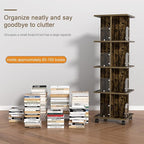 VECELO 4-Tier Rotating Bookshelf, Modern Swivel Bookcase, Vintage Book Shelf for 360° Display, Stackable Shelves Floor-Standing Storage for Home Office, Solid Wood, Smooth Spinning, Brown