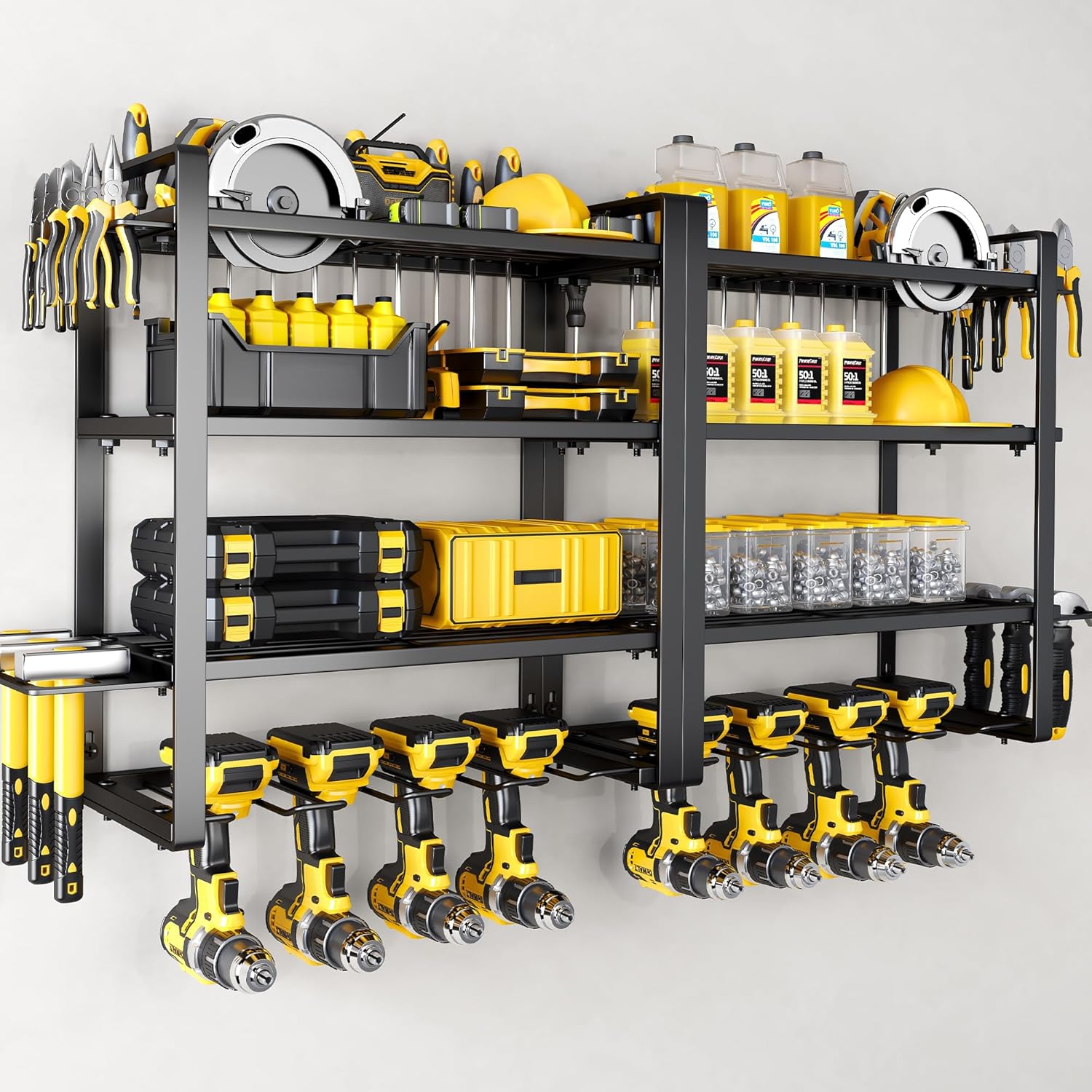Power Tool Organizer Wall Mount - Storage Rack with 4 Drill Holders for Drills Cordless Tools. Heavy Duty Iron Garage Tool Organizer Storage for Workshop Shed (4 Slots 4 Layers 2 Pack)