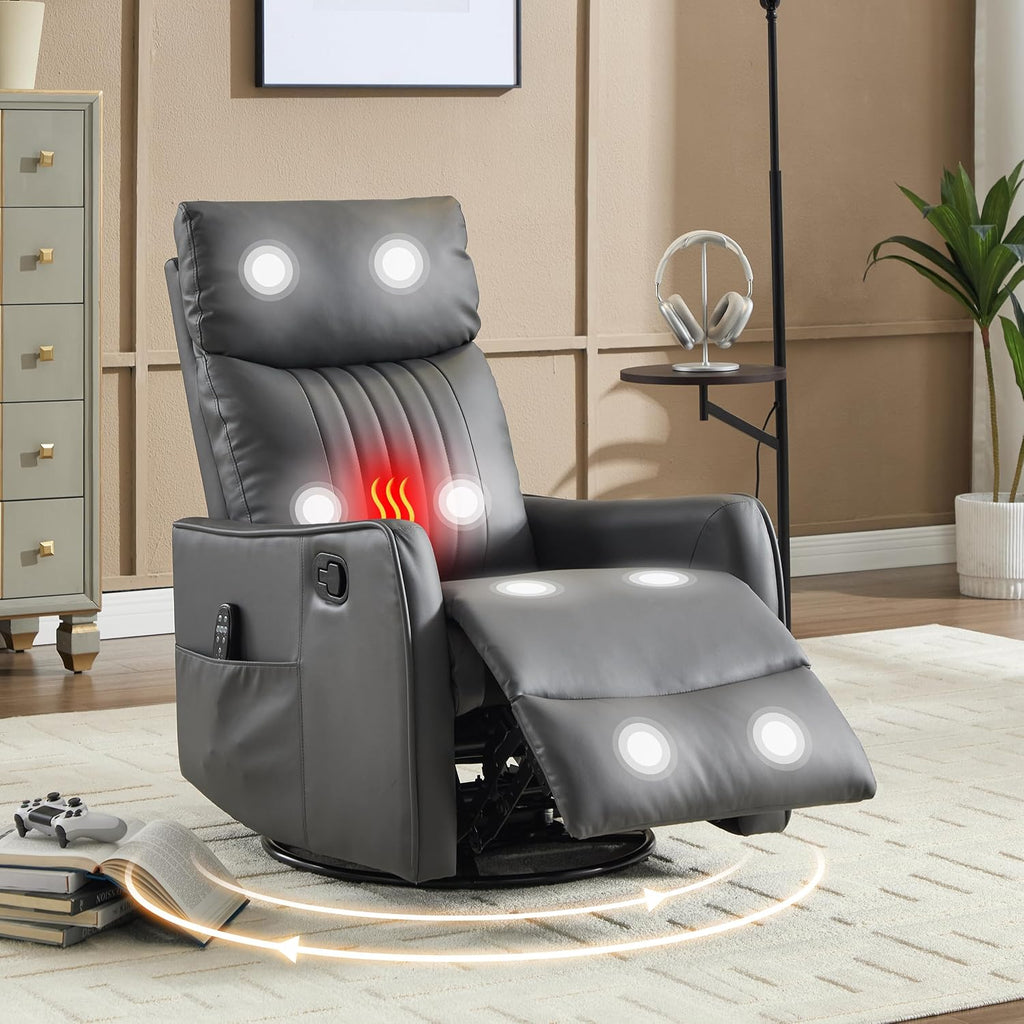 Manual Swivel Rocker Recliner Chair for Adults, Overstuffed Reclining Glider Chair for Nursing with Vibration Massage & Heat, Living Room Rocking Recliner 2-Stage backrest, Faux Leather Gray