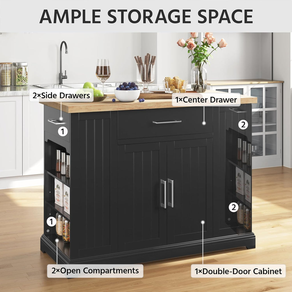 Yaheetech Kitchen Island on Hidden Wheels, Rolling Kitchen Cart with Thicker Rubberwood Top & 3 Drawers & Open Shelves, Storage Cabinet with Adjustable Shelves for Dining Room, 46″L × 22″W, Black | Mobile Kitchen Island with Storage on Wheels with