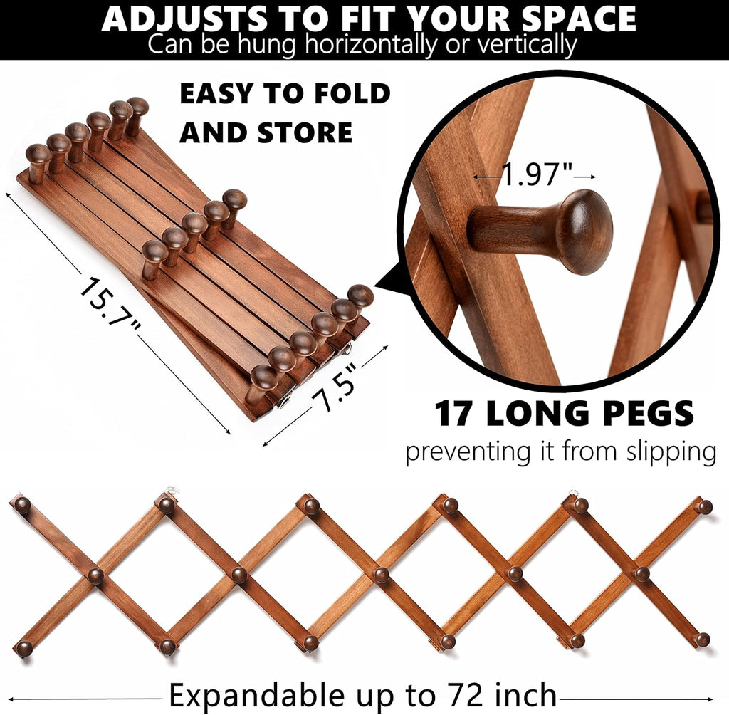 Amber Home Wood Accordion Wall Rack 17 Hooks (Pegs), Expandable Wall Mounted Hanger for Coat, Hat, Scarf, Coffee Mugs, X Shape Coat Hooks (Antique Retro Color)
