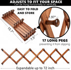 Amber Home Wood Accordion Wall Rack 17 Hooks (Pegs), Expandable Wall Mounted Hanger for Coat, Hat, Scarf, Coffee Mugs, X Shape Coat Hooks (Antique Retro Color)
