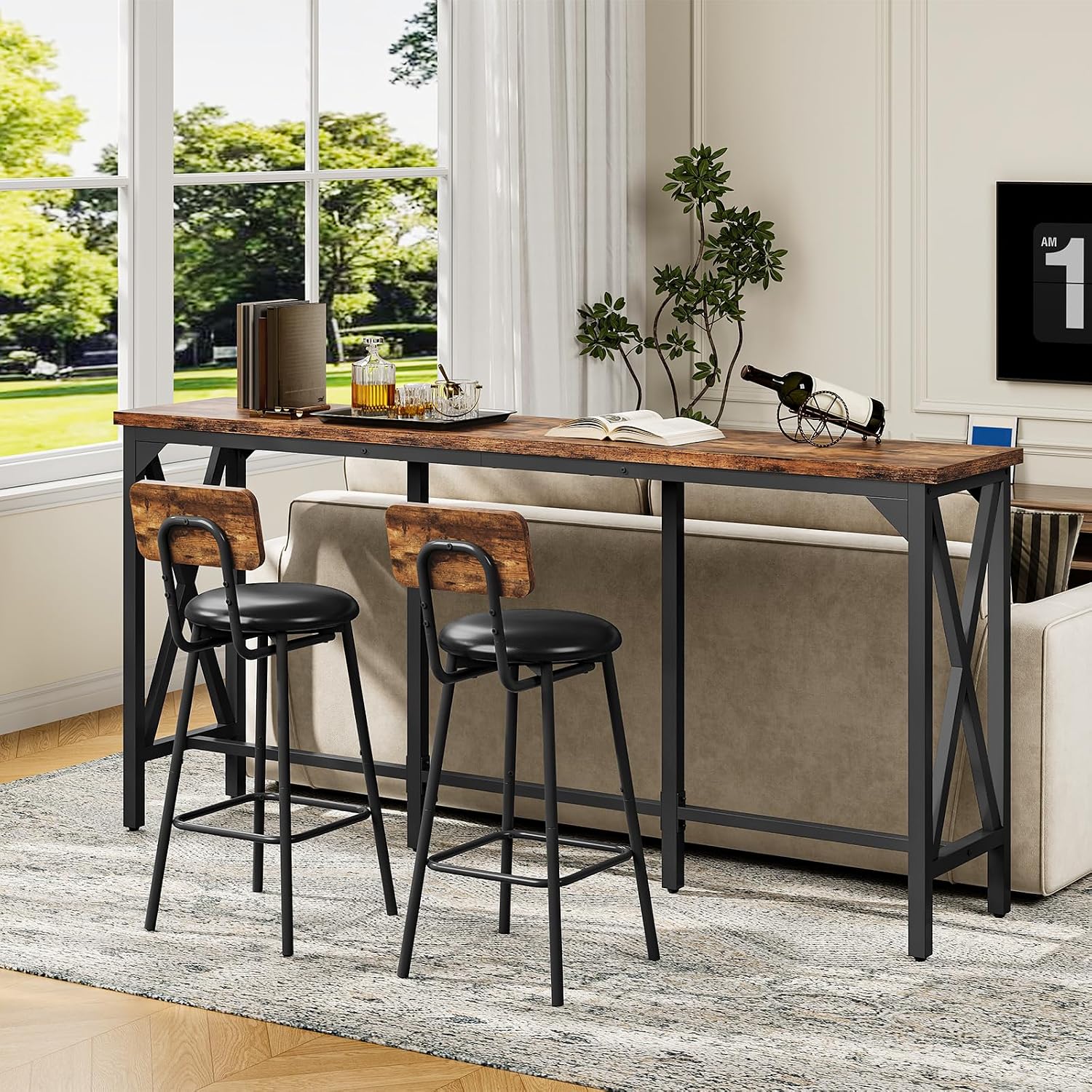 CHOEZON Bar Table and Chairs Set, Counter Height Table and Chairs, with X-Shaped Supports, 1 Pub Table and 2 Chairs, for Dining Room, Living Room, Home Bar, Rustic Brown and Black TBT18BF