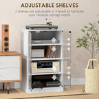 HOMCOM Media Cabinet, 4-Tier Stereo Cabinet for Vinyl Record Player, Gaming Console, AV Record Player Stand with Adjustable Shelves, Push-to-Open Glass Doors and Cable Management, Distressed White
