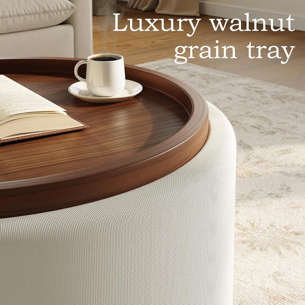 Round Storage Ottoman Coffee Table with Walnut Tray, 30'' Round Ottom...