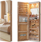 HNEBC LED Mirror Jewelry Cabinet,47.2" Wall Mounted Jewelry Organizer with Full-Length Mirror,Over The Door Hanging Jewelry Armoire Storage Cabinet,Folding Dresser,2 Drawers,Lockable, 3 Shelves(Wood)