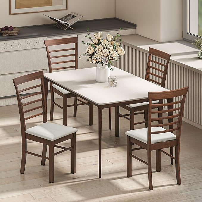 HOMCOM Wooden Dining Chairs Set of 2, Farmhouse Upholstered Kitchen Chairs with Rubber Wood Frame for Living Room, Dining Room, Dark Brown and Beige