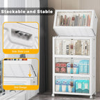 440Qt Stackable Storage Bins with Lids, 8 Pack Collapsible Bins with Wheels, Plastic Cabinet with Doors, Foldable Closet Organizers and Storage for Home, Dorm, Office, White
