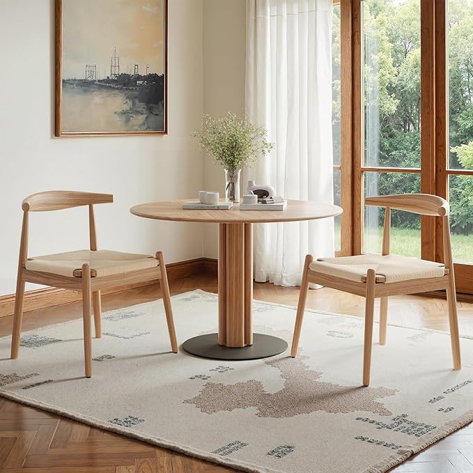 Farini Mid Century Modern Dining Chairs Set of 2, Solid Wood Frame Kitchen Chairs with Woven Upholstered Seat for Dining Room & Breakfast Nook,Natural-Beige