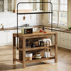 Solid Wood Kitchen Island with Storage, 47-Inch Farmhouse Stationary Island Table with Seating and 5 Hooks, Counter Height Bar Table for Kitchen, Dining Room, Rustic Brown