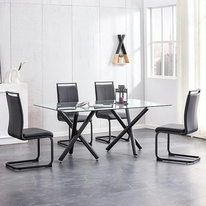 AZmac Modern Leather Dining Chairs Set of 8,Armless Kitchen Chairs,Dining Room Chairs with Upholstered Padded Seat and Sturdy Black Legs for Dining Room,Kitchen (Set of 8, Black-Black Leg)