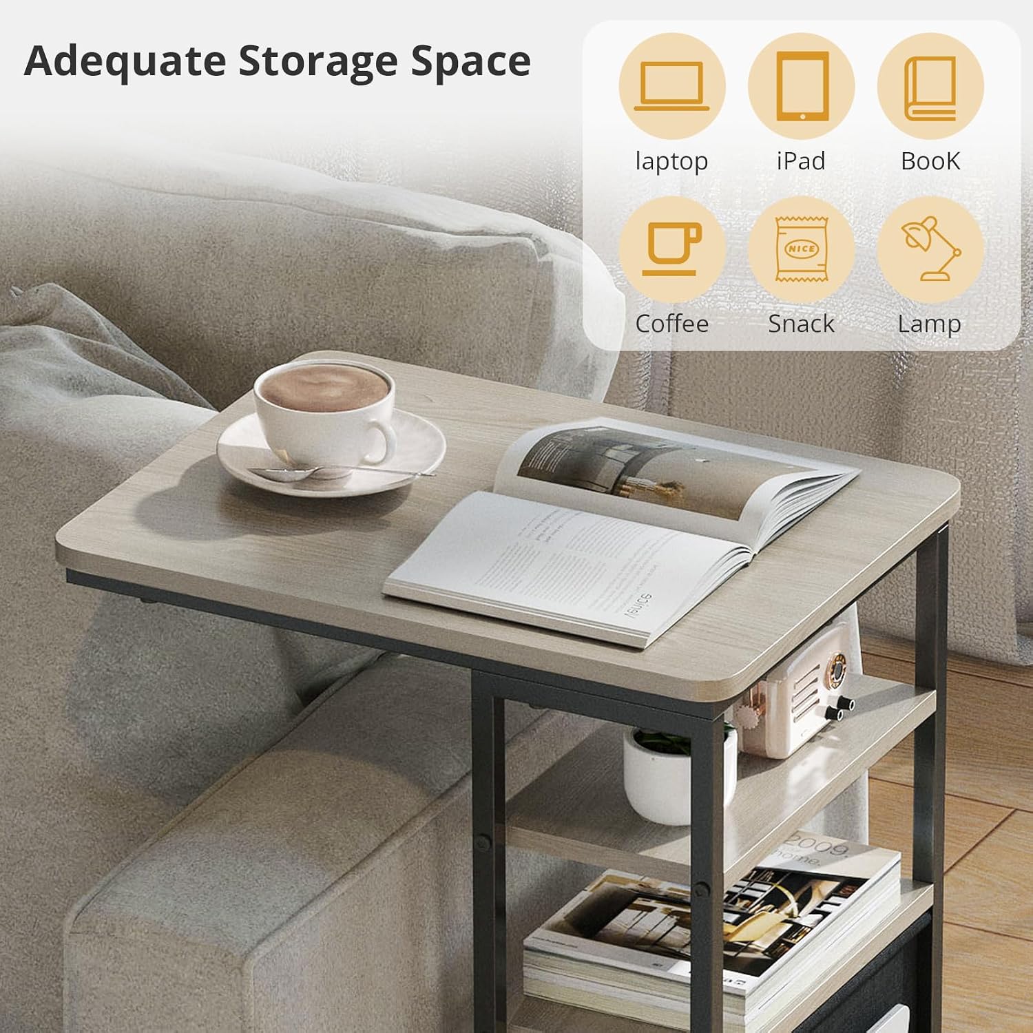 C Shaped End Table 28"(H) 3-Tier C Table with Storage Bag, Under Couch Table C-Shaped End Table with Storage Shelves and Bag for Living Room, Bedroom, or Office