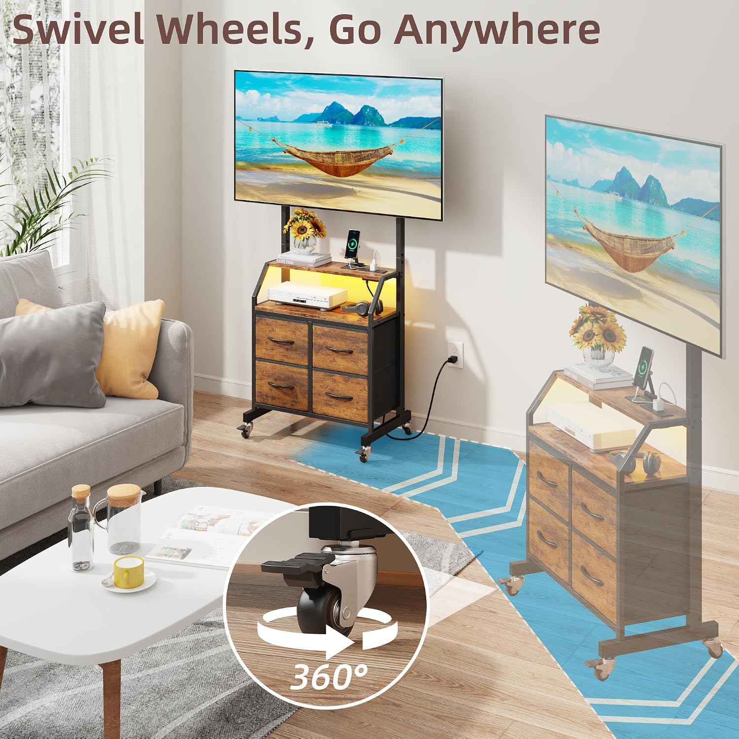 GYIIYUO Rolling TV Stand with Mount & 4 Fabric Drawers for 32-75 inch TVs | Holds up to 145 lbs with lockable rolling wheels, built-in 2 AC outlets and USB charging, great for apartments and bedrooms
