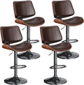 Swivel Bar Stools Set of 4, Adjustable Bentwood Barstools for Kitchen Counter, Modern PU Leather Upholstered Bar Chair with Back and Footrest, for Kitchen Island, Bar, Dining Room, Brown