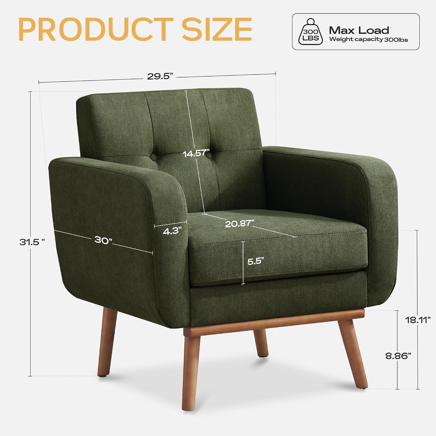 HUIMO Fabric Accent Chairs Set of 2, Living Room Chairs (2, Green) | Mid Century Modern Chair Easy to Install, Upholstered Arm Chair for Living Room Bedroom Study Office