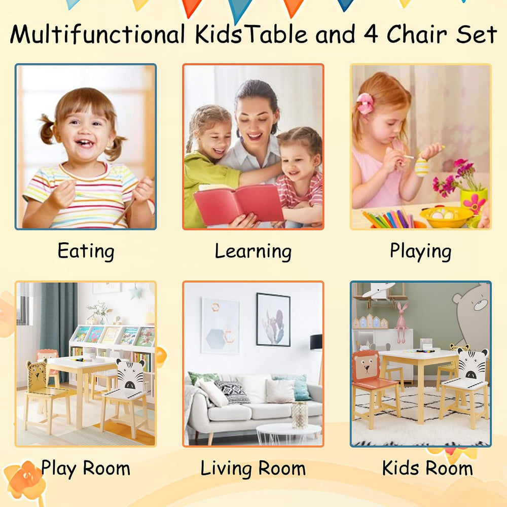 5 Pieces Table and Chair Set, Cartoon Animals Pattern Activity Play Set with ...