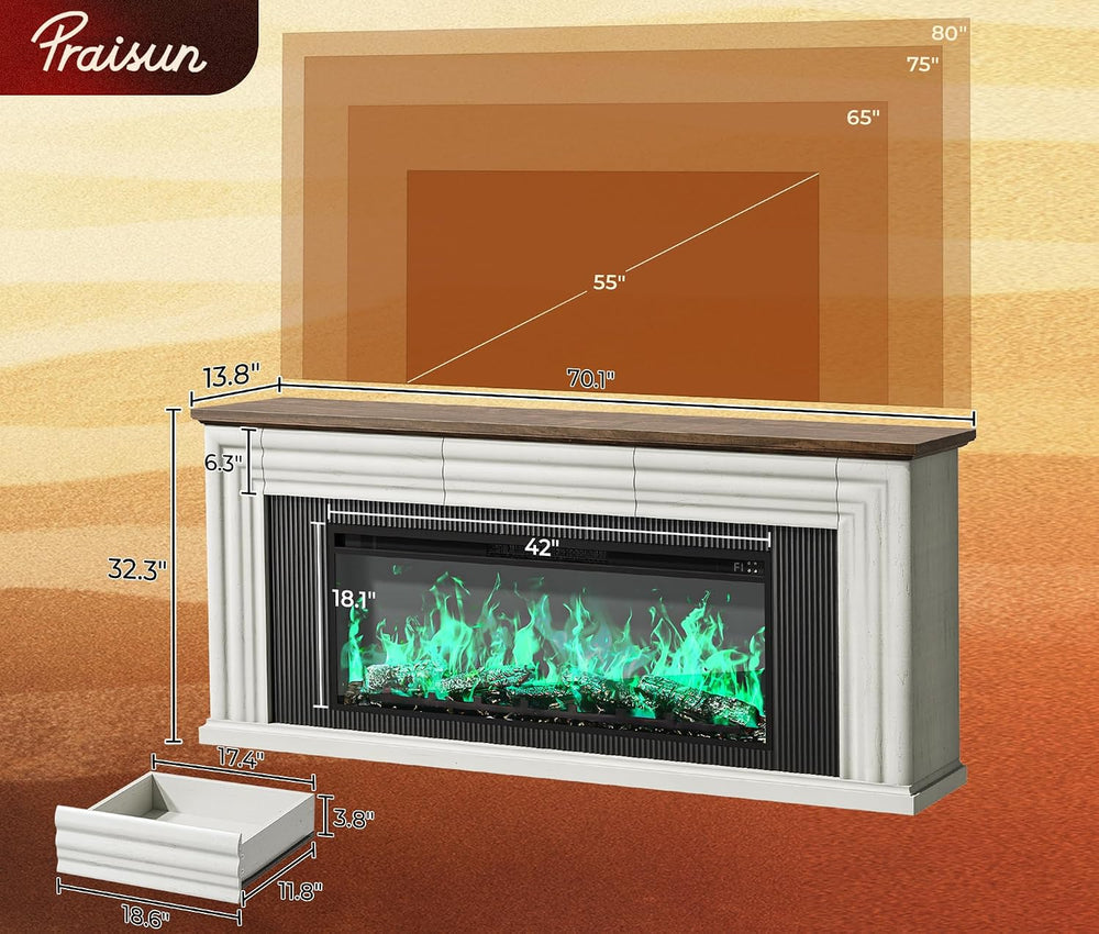 PRAISUN 70'' Fireplace TV Stand with 42'' Electric Fireplace,...