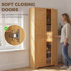 HOMCOM 67" Pinewood Kitchen Pantry Storage Cabinet Freestanding Brown | Adjustable Shelves, Solid Wood Food Pantry, Soft-Close Doors, Living Room Dining Room