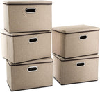 PRANDOM Large Collapsible Storage Baskets with Lids [5-Pack] Jute Fabric Foldable Storage Bins Boxes Organizer Containers Cube with Cover for Home Bedroom Closet Office Nursery (17.7x11.8x11.8)