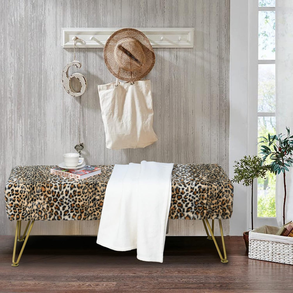 Leopard Print Rectangle Ottoman 46"x16"x17" Faux Fur Entryway ...