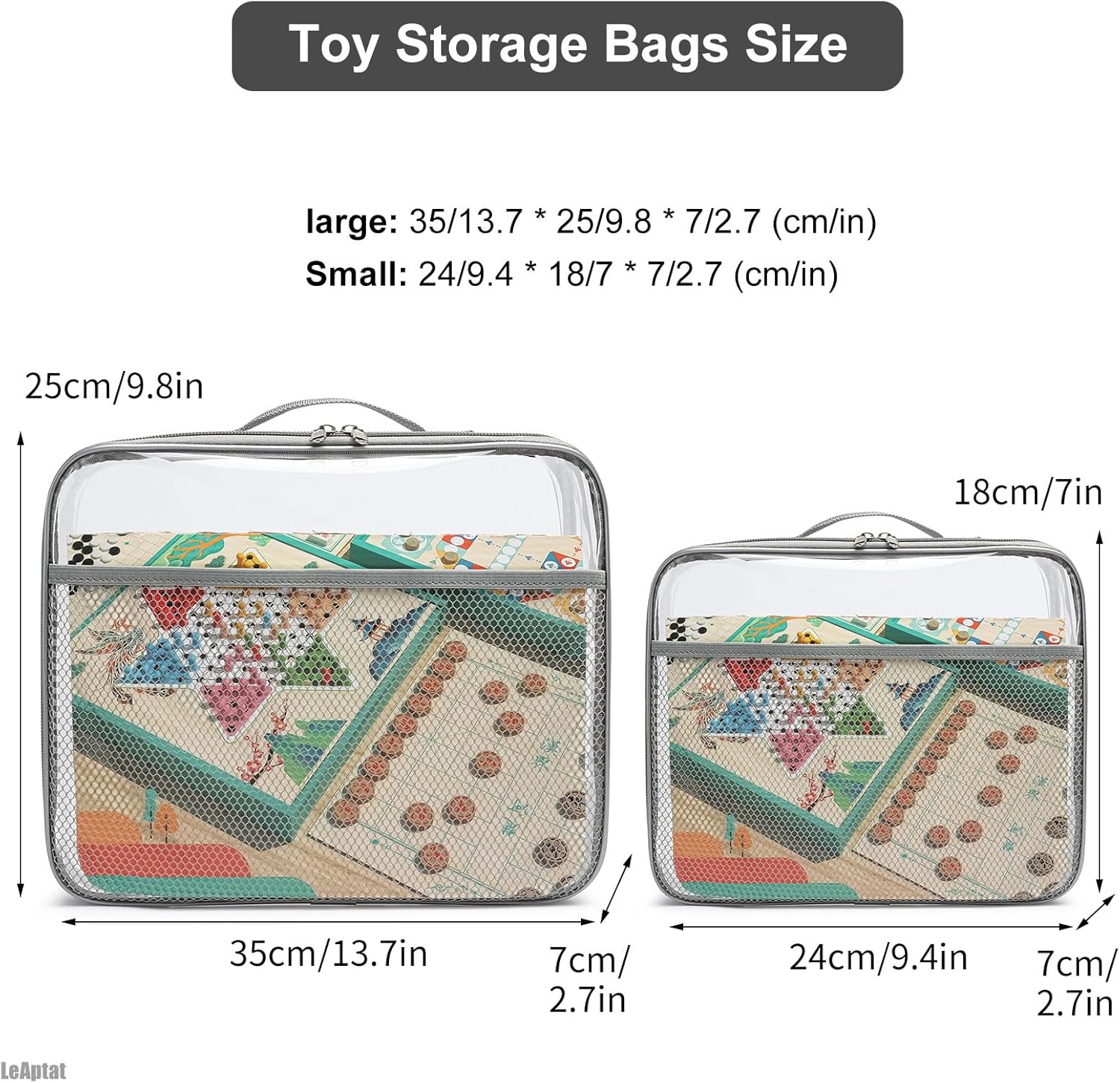 4 Pack Clear PVC Waterproof Toy Storage Bags with Name Tag Pockets - Zippered Organizer for 2x4 Building Blocks, Puzzles, Travel Toiletries, Kids Room Organization (Gray, Small)