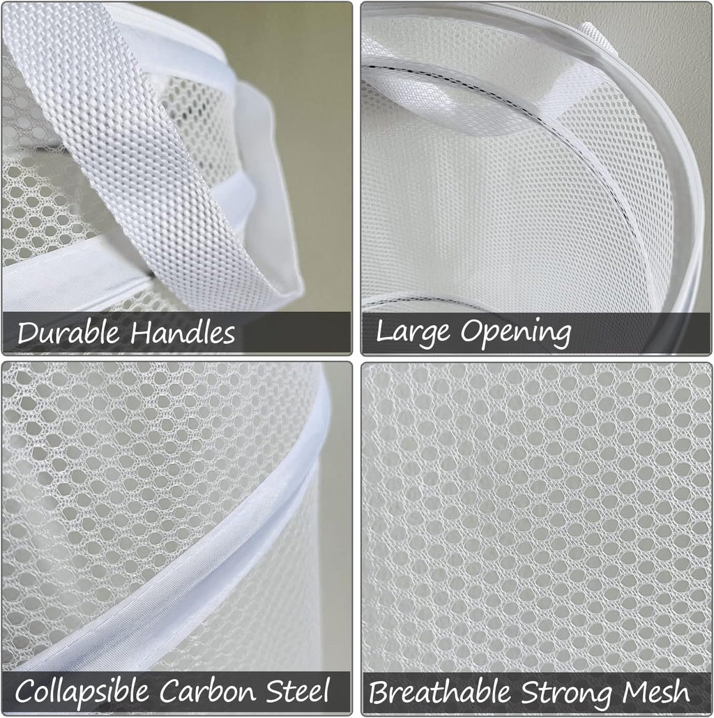 BATTOO Large Collapsible Laundry Basket Foldable Mesh Pop Up Hamper with Handles for Laundry Room, Bathroom, Kids Room, College Dorm, Travel, Storage Organizer White