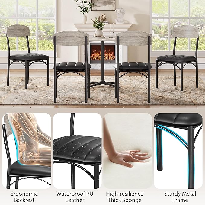 Dining Chairs Set of 4 - Upholstered Dining Room Chairs with PU Leather, Industrial Kitchen Chairs with Wooden Backrest and Thickened Metal Legs, for Dining Room, Living Room（Gray）