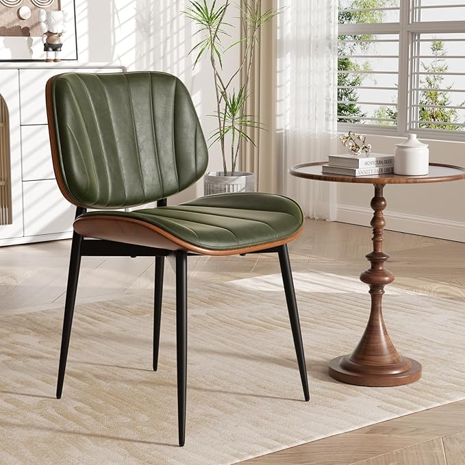 Dining Chair, Mid Century Modern Dining Room Chairs, Upholstered Faux Leather Kitchen Chairs with Walnut Bentwood Back and Metal Legs for Kitchen Dining Room Living Room, Green
