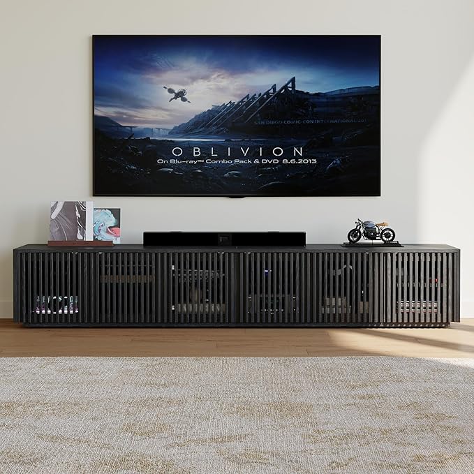 POVISON Full Assembled Mid Century Modern TV Stand, 95'' Wood Slatted TV Media Console for 85+ inch TV, Entertainment Center with Storage for Living Room Bedroom