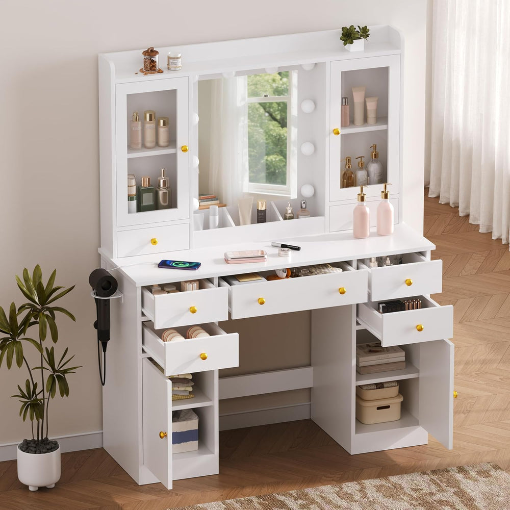 HUANLEGO White Vanity Desk with Mirror and Lights for Girls Women