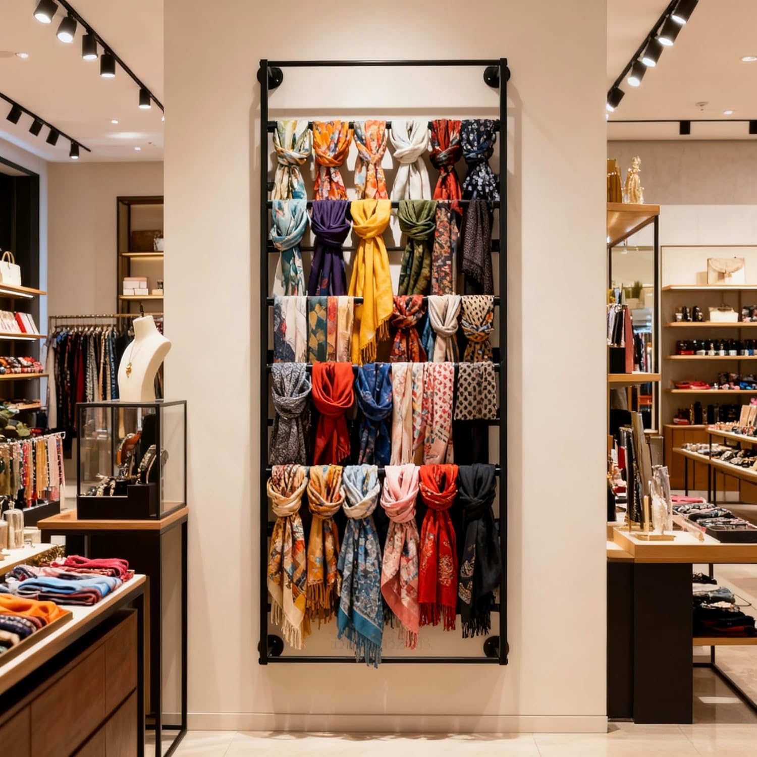 10-Layer Wall Mounted Display Rack, Wrapping Paper Ribbon Organizer Scarves Tie & Scarf Rack Belts Towel Holder Necktie Hijab Stand Metal Shelving for Home, Retail Stores, Flower Shop