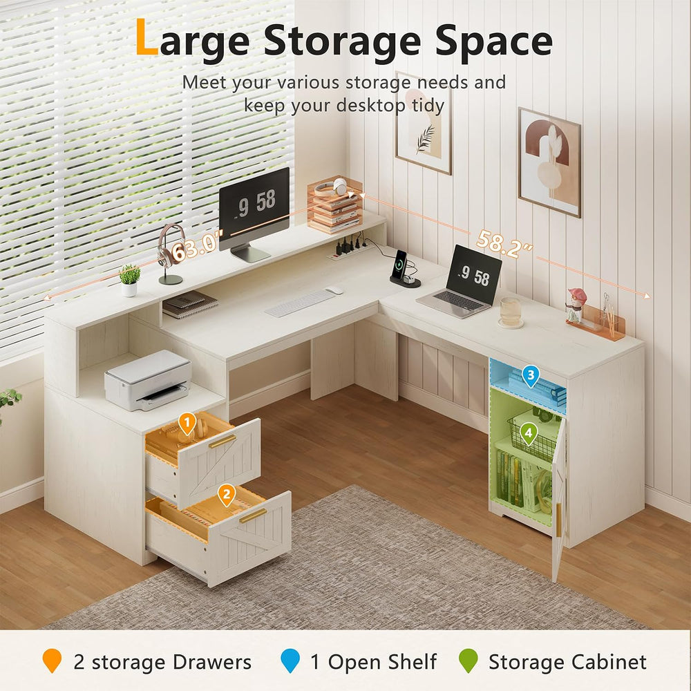 63" Farmhouse L Shaped Desk with Drawers & Printer Shelf for Home Of...