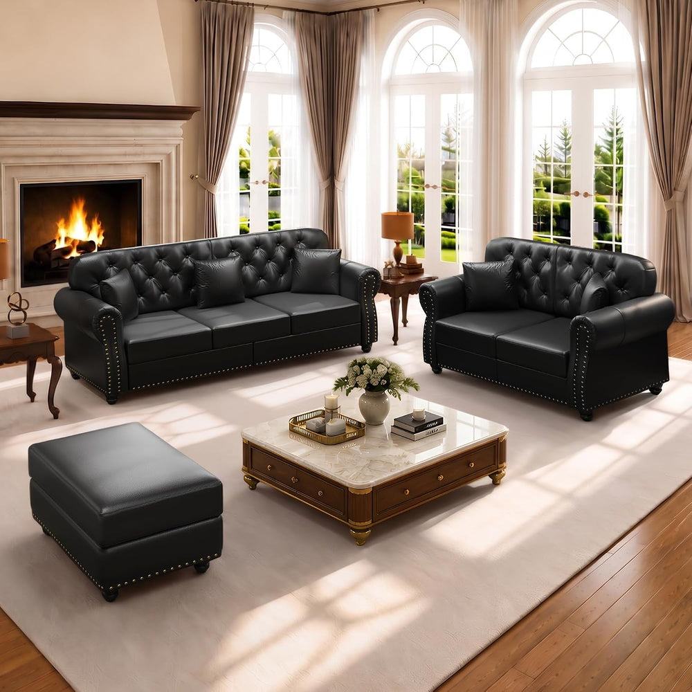 2-Piece Faux Leather Chesterfield Sofa & Loveseat Set with Ottoman, Black
