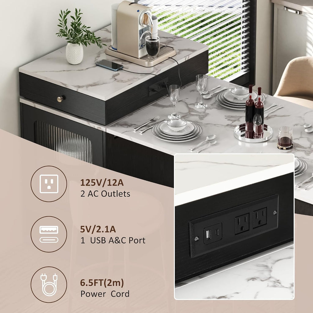 Merax 59.5" Kitchen Island with Extendable Table, Black | Table with Double-Sized Storage, Modern Island with 2 Drawers, Power Outlet, Side Open Shelves for Dining Room