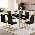 Modern Dining Table Set for 6, 55" Black Dining Table Set with 6 Faux Leather Chairs, Black Glossy Tabletop with Golden Stainless Steel Legs, 7 Piece Dinning Set Ideal for Small Space