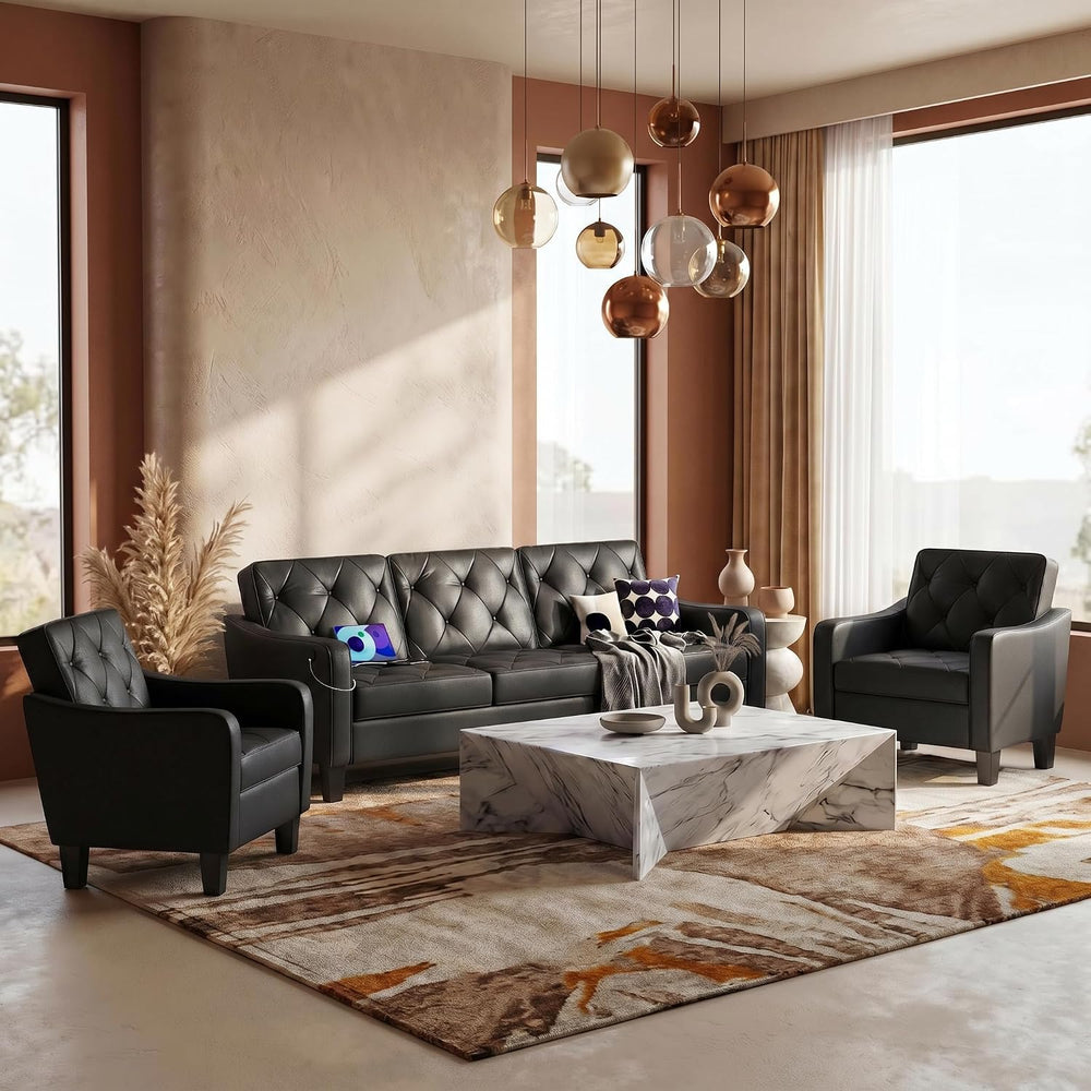 83" Black Faux Leather 3 Seater Couch, Mid Century Tufted Sofa Living Ro...