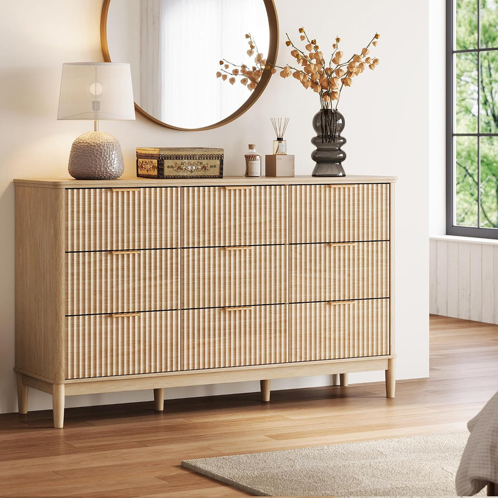 LINSY HOME Fluted Dresser for Bedroom with 9 Drawers, 58" Wide Mid Centu...