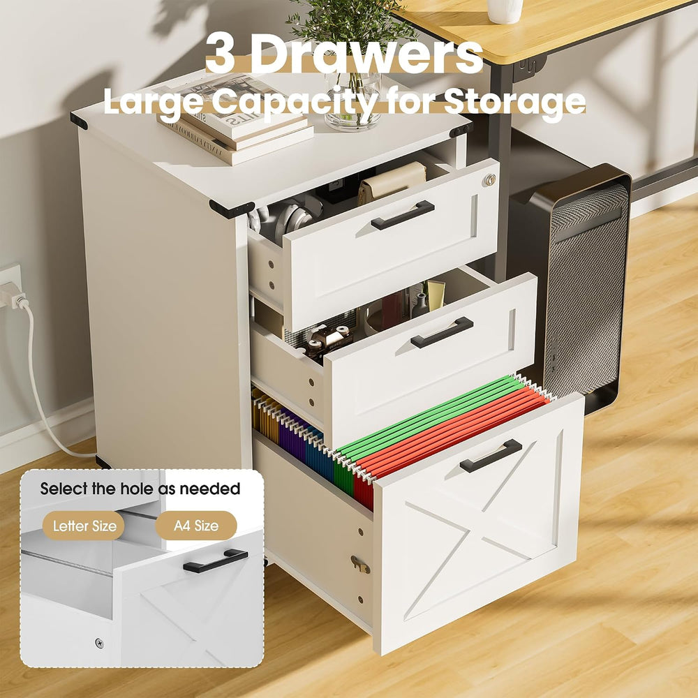 Onelike Small Wood File Cabinet with Charging Station and Lock, 3 Drawers | B...