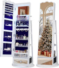 Full-Length Mirror Jewelry Cabinet Standing, 360° Swivel Jewelry Armoire with Mirror and LED Lights, Built in Mirror & Large Storage Shelves & Drawer, White
