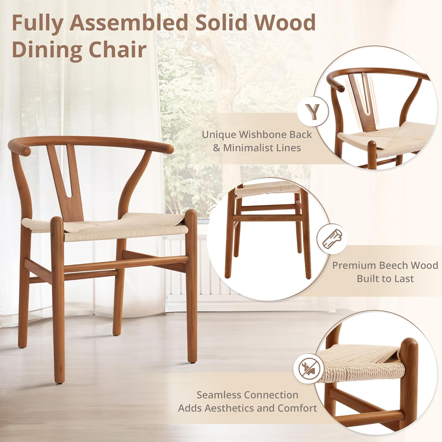 LUE BONA Solid Wood Wishbone Dining Chair Set of 2, Mid Century Modern Y-Shaped Backrest Dining Room Chairs, Fully Assembled Handwoven Seat, Light Brown