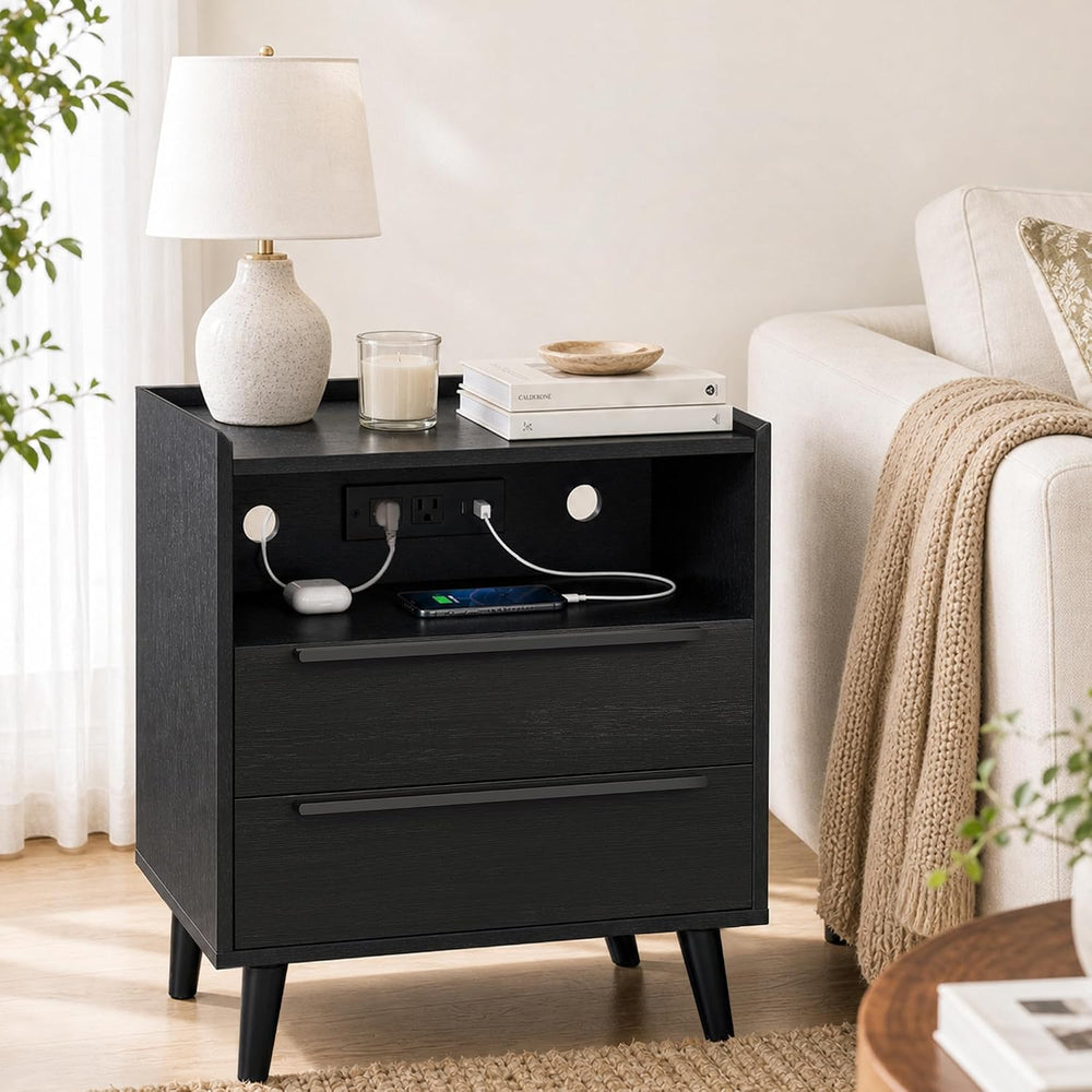 26 Inch Tall Black Oak Nightstands Set of 2 with Charging Station | Matching ...