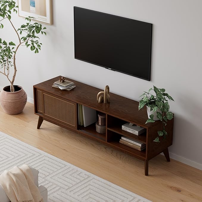 Ball & Cast 59" Mid Century Modern TV Stand for TVs up to 65", Media Console with Rattan Sliding Doors, 2 Open Shelves & Solid Wood Legs, Entertainment Center for Living Room,Bedroom,Walnut