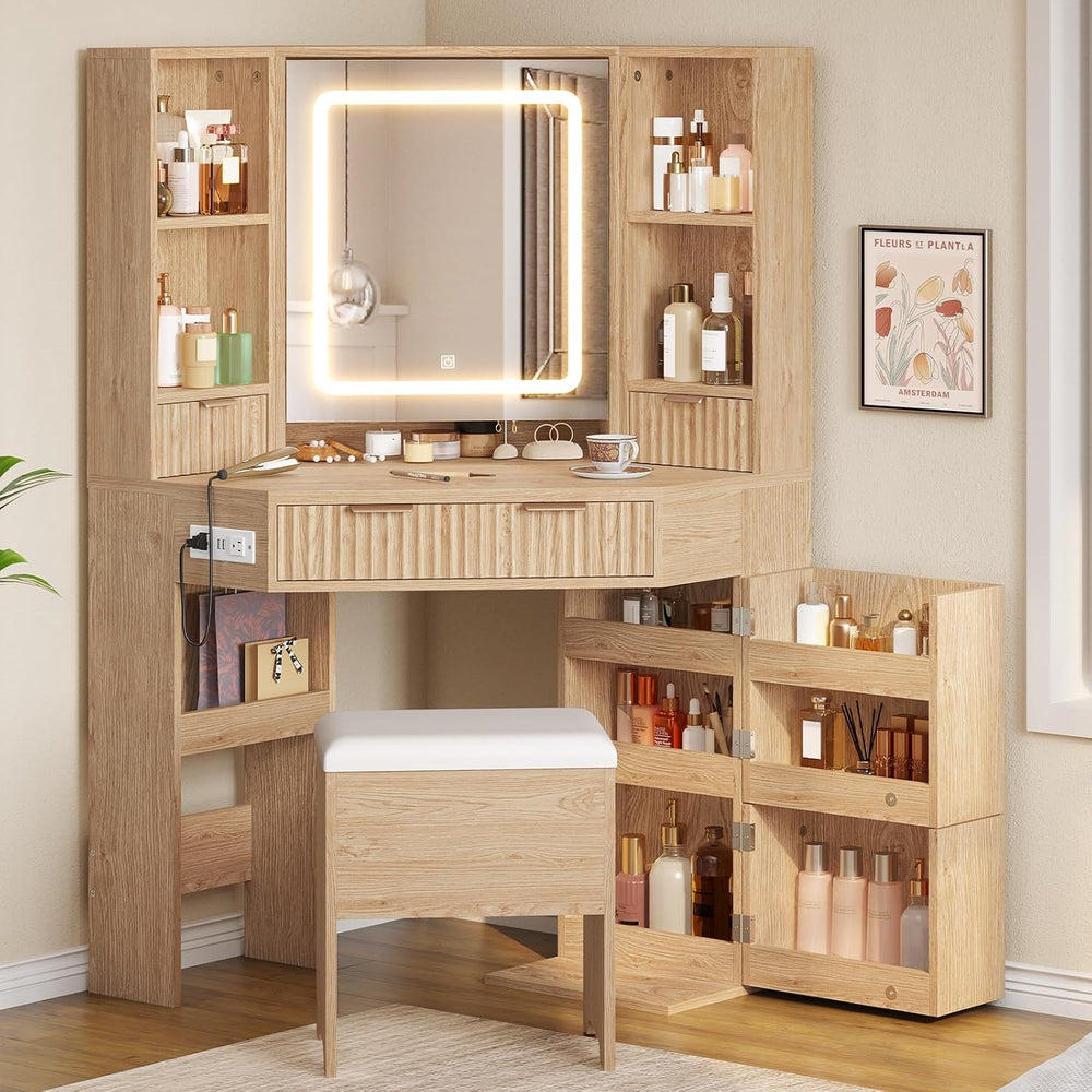 BTHFST Corner Vanity Desk with Lights and Charging Station, Makeup Vanity wit...