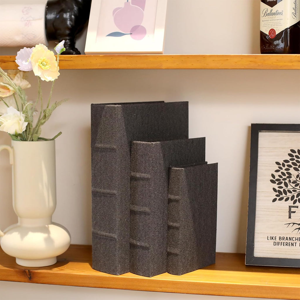 Modern Linen and Wood Decorative Faux Book Boxes Set of 3-13",10",8" - Black