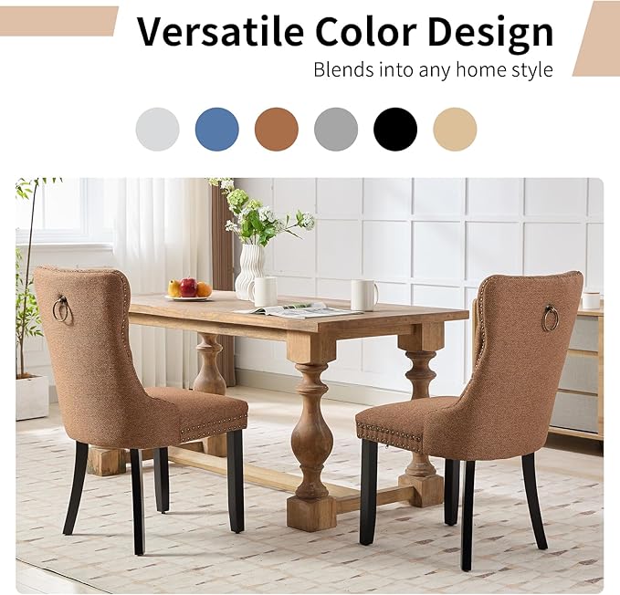 Modern Dining Chairs Set of 4, Tufted Upholstered Dining Chairs with Solid Wood Legs, Brown Linen Fabric Kitchen Chair, Sillas de Comedor, Comfy Kitchen Chair (Brown, Linen, 4Pcs)