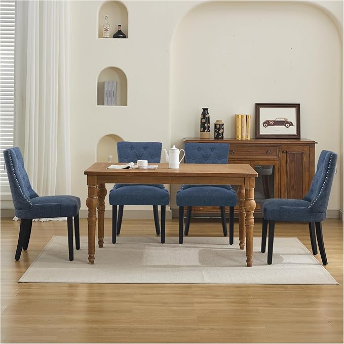 Upholstered Tufted Dining Chairs Set of 6, Fabric Side Dining Room Chairs with Nailhead Back Ring Pull Trim Solid Wood Legs, Dark Blue