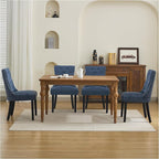 Upholstered Tufted Dining Chairs Set of 4, Fabric Side Dining Room Chairs with Nailhead Back Ring Pull Trim Solid Wood Legs, Dark Blue