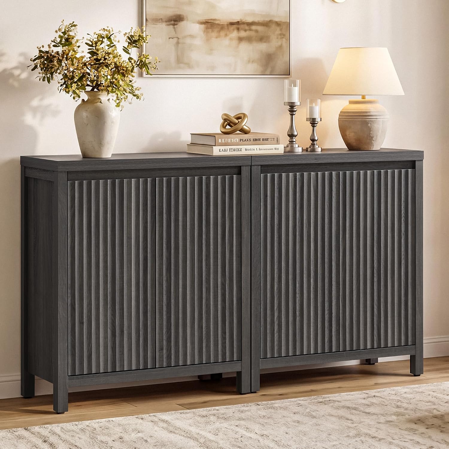 SICOTAS Sideboard Buffet Cabinet with Storage, Fluted Credenza Buffet Table | Console Cabinet with Adjustable Shelves, Modern Coffee Bar Storage Cabinet for Kitchen, Living Room, Black Oak, 2 PCS